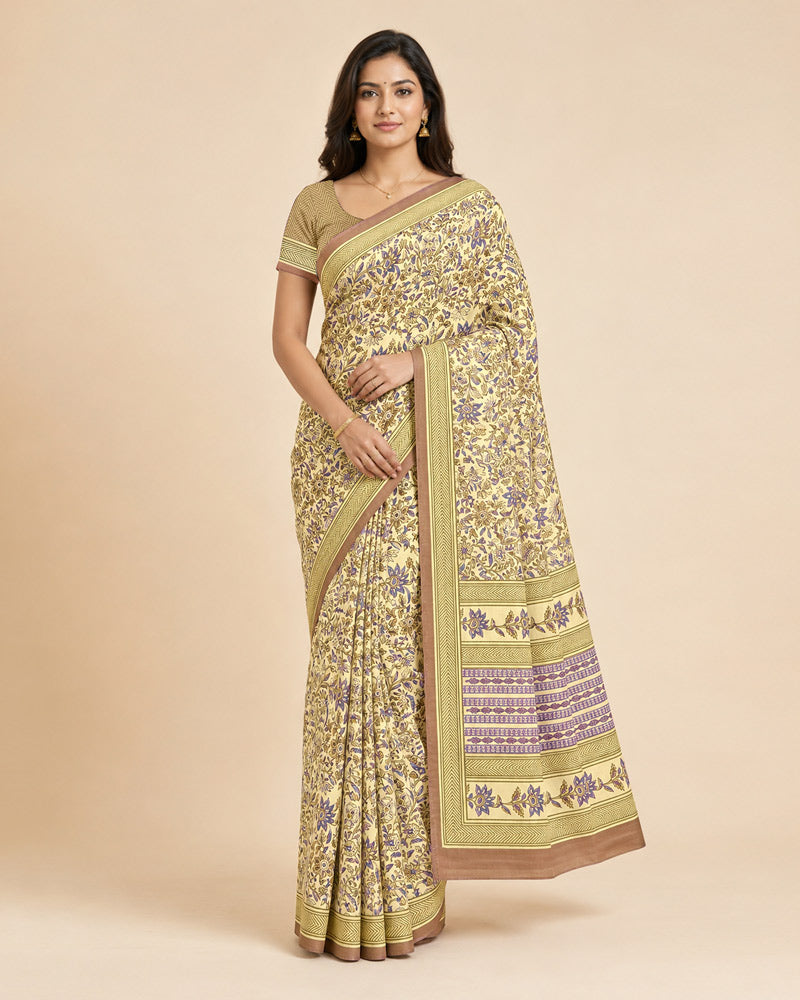 Vishal Prints Cream-Yellow And Dark Beige Digital Print Criva Moss Saree