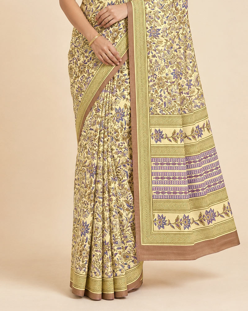 Vishal Prints Cream-Yellow And Dark Beige Digital Print Criva Moss Saree