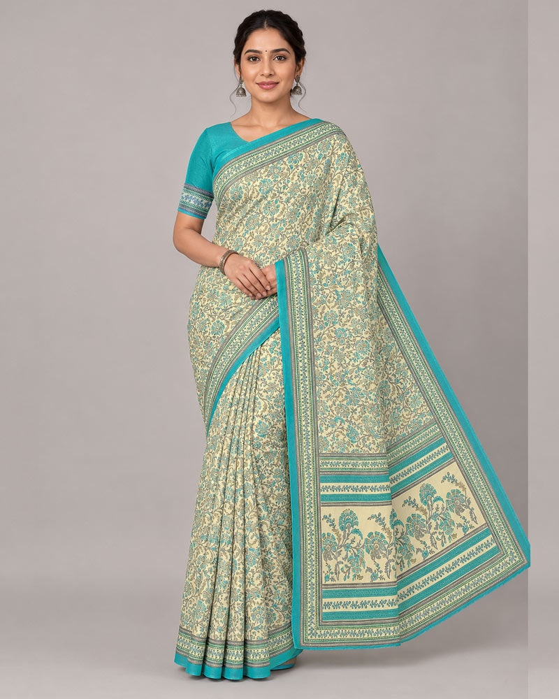 Vishal Prints Cream-Yellow And Pacific Blue Digital Print Criva Moss Saree