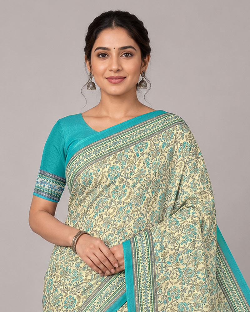 Vishal Prints Cream-Yellow And Pacific Blue Digital Print Criva Moss Saree