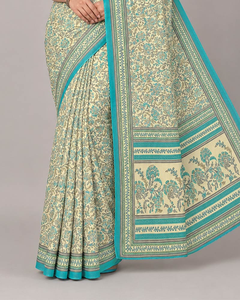Vishal Prints Cream-Yellow And Pacific Blue Digital Print Criva Moss Saree