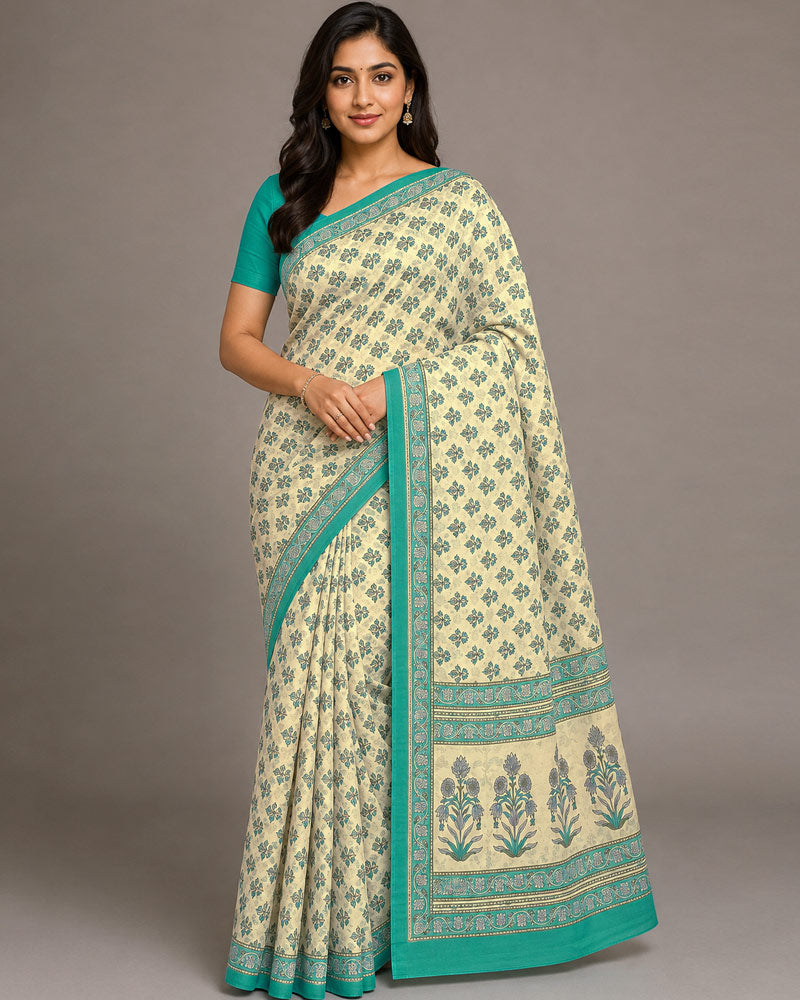 Vishal Prints Cream-Yellow And Pine Green Digital Print Criva Moss Saree