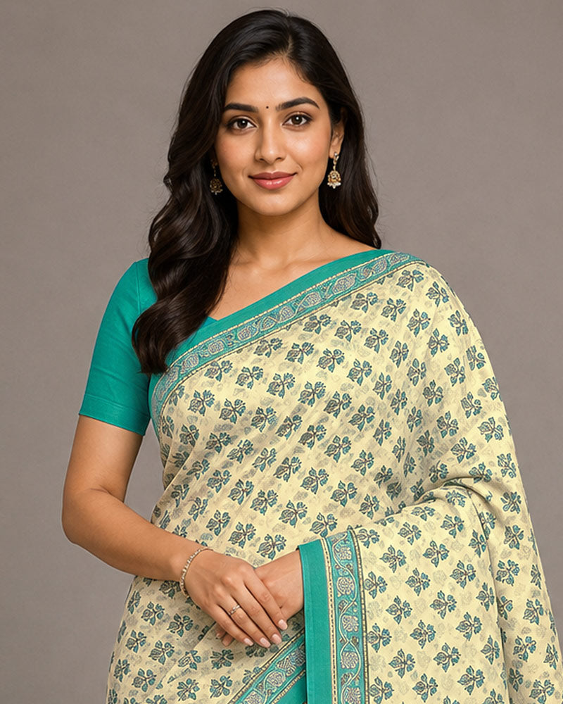 Vishal Prints Cream-Yellow And Pine Green Digital Print Criva Moss Saree