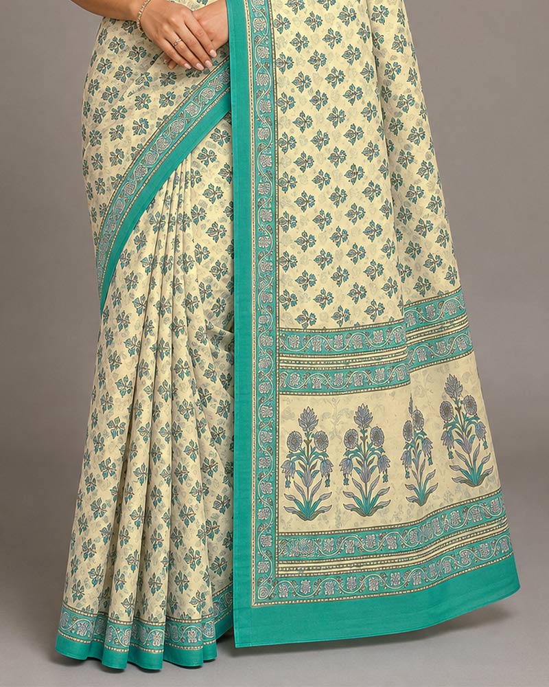 Vishal Prints Cream-Yellow And Pine Green Digital Print Criva Moss Saree