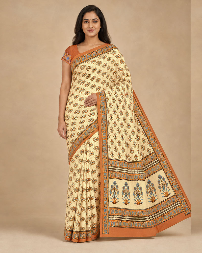 Vishal Prints Cream-Yellow And Rusty Orange Digital Print Criva Moss Saree