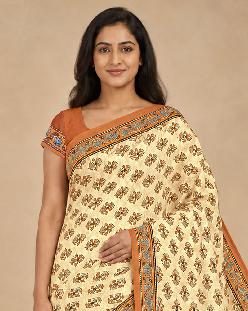 Vishal Prints Cream-Yellow And Rusty Orange Digital Print Criva Moss Saree