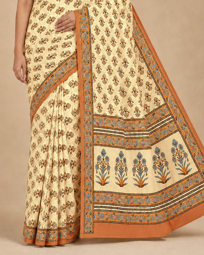Vishal Prints Cream-Yellow And Rusty Orange Digital Print Criva Moss Saree