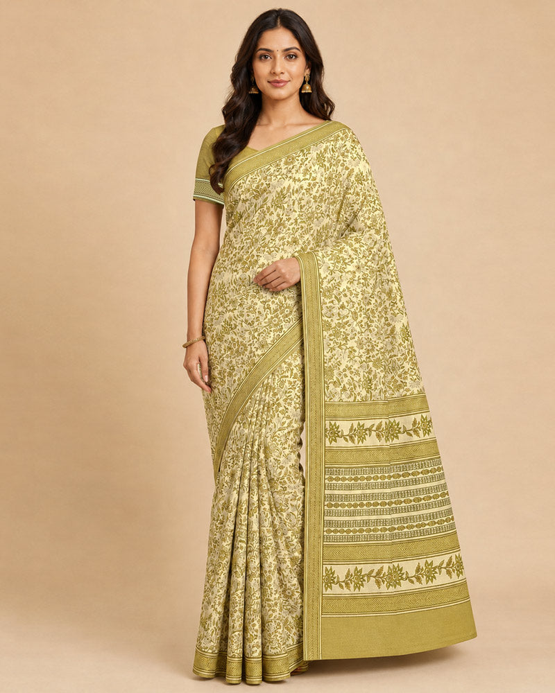 Vishal Prints Cream-Yellow And Dark Sand Digital Print Criva Moss Saree