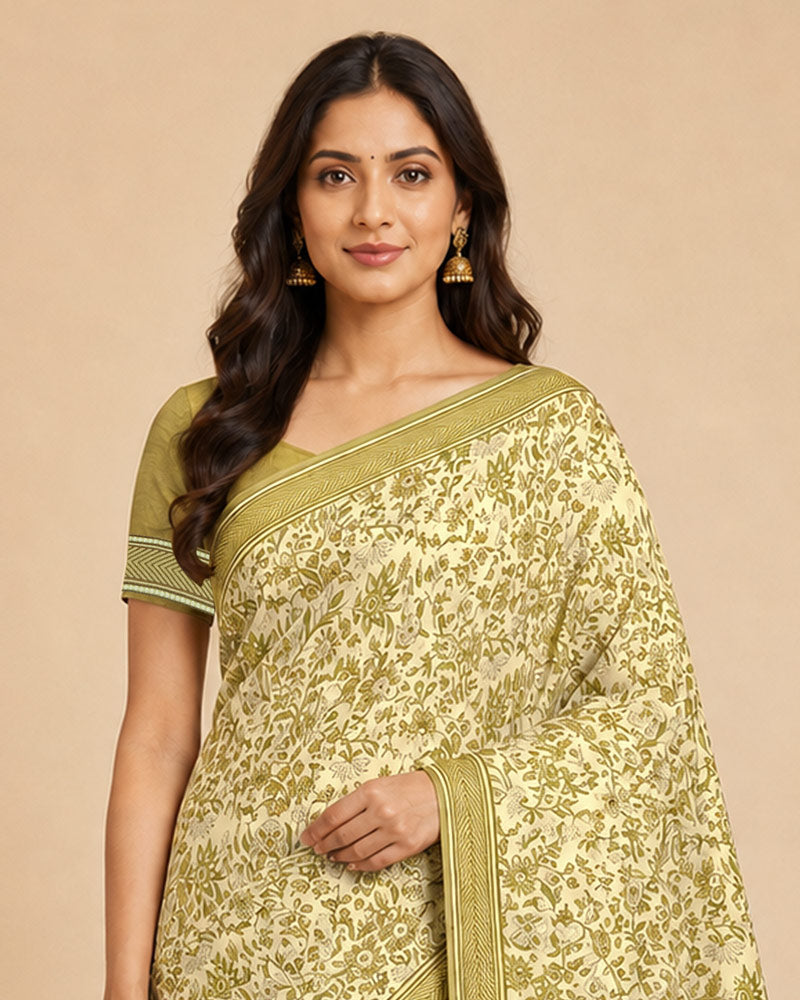 Vishal Prints Cream-Yellow And Dark Sand Digital Print Criva Moss Saree