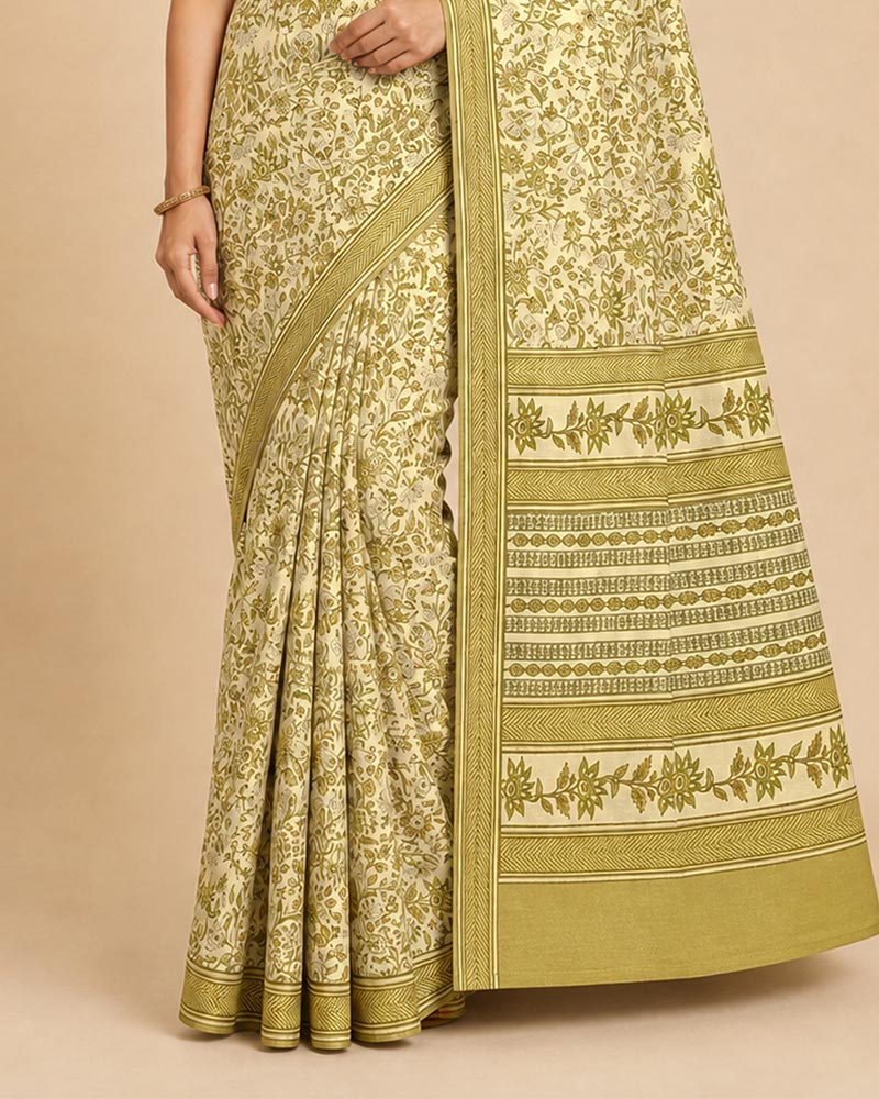 Vishal Prints Cream-Yellow And Dark Sand Digital Print Criva Moss Saree