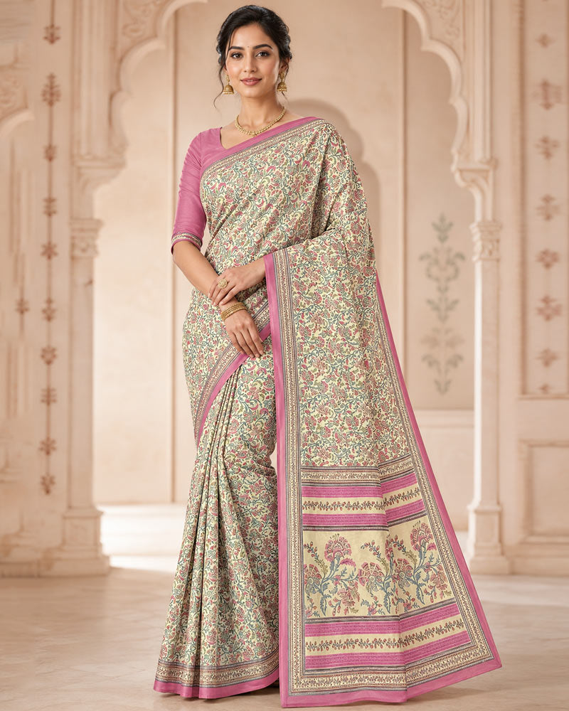 Vishal Prints Cream-Yellow And Dusty Pink Digital Print Criva Moss Saree
