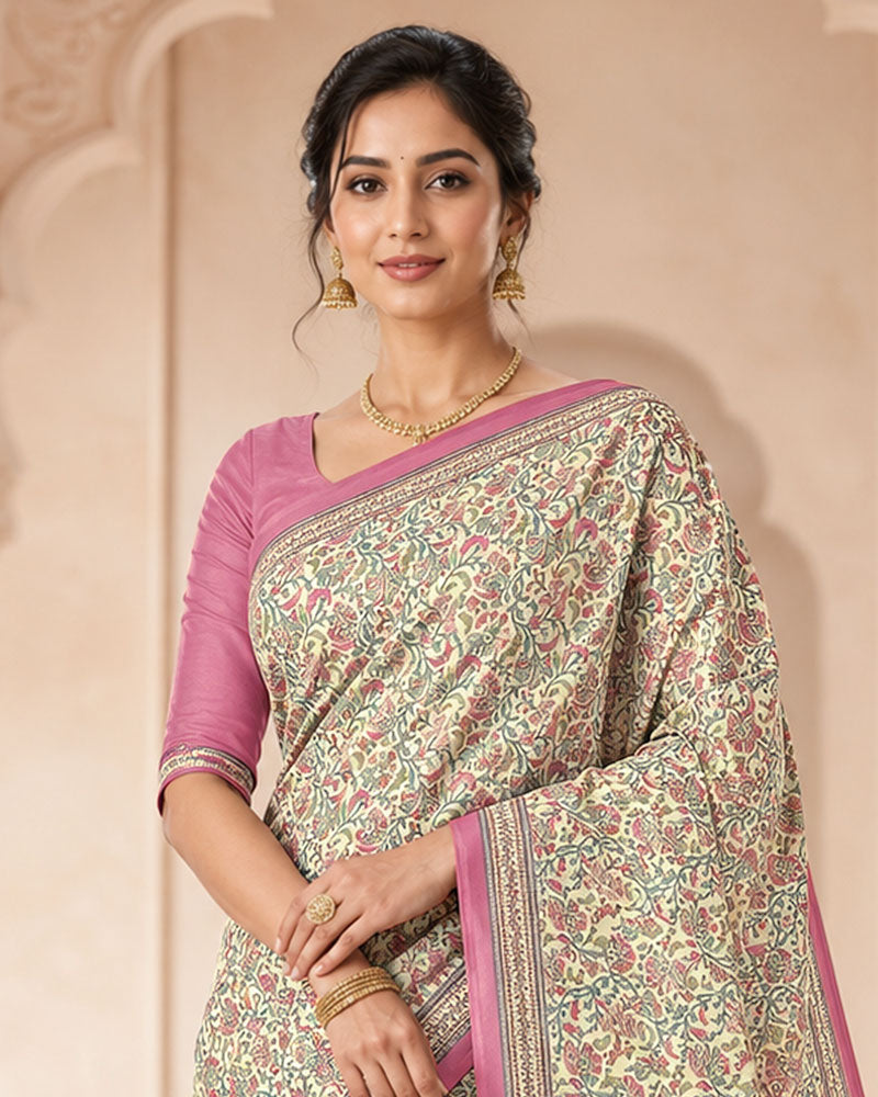 Vishal Prints Cream-Yellow And Dusty Pink Digital Print Criva Moss Saree