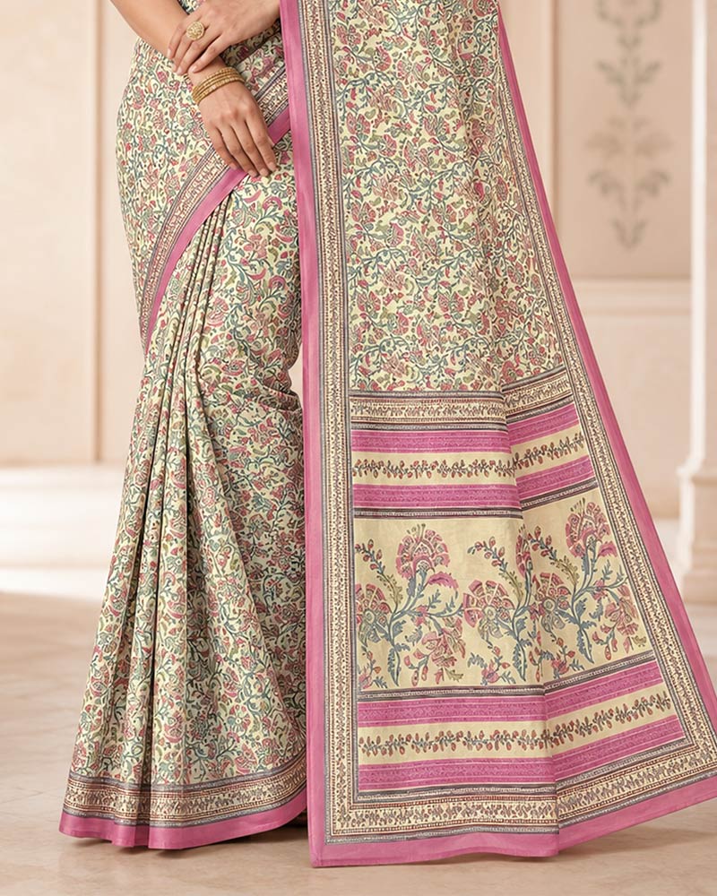 Vishal Prints Cream-Yellow And Dusty Pink Digital Print Criva Moss Saree