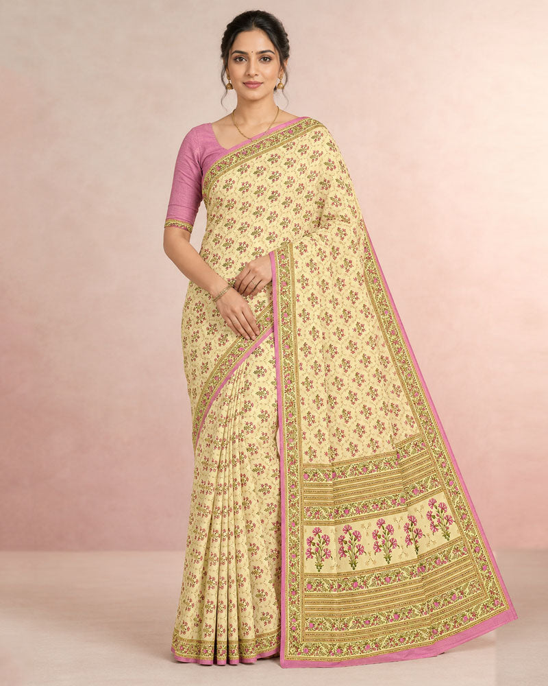 Vishal Prints Cream-Yellow And Deep Pink Digital Print Criva Moss Saree
