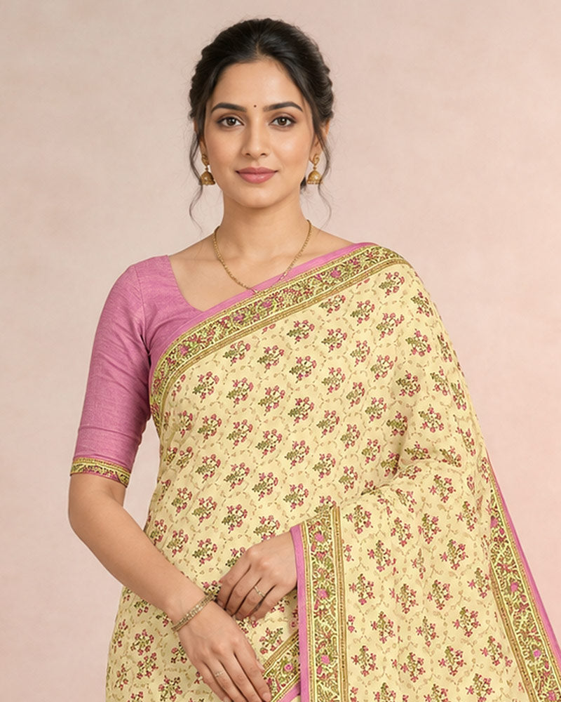 Vishal Prints Cream-Yellow And Deep Pink Digital Print Criva Moss Saree