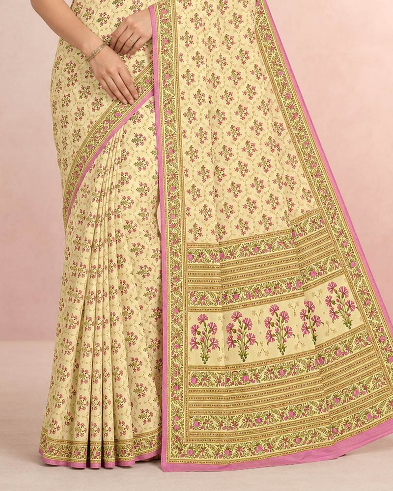 Vishal Prints Cream-Yellow And Deep Pink Digital Print Criva Moss Saree