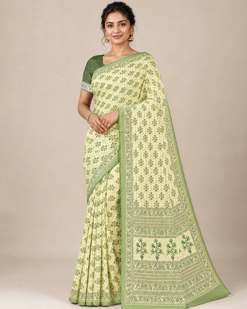 Vishal Prints Cream-Yellow And Khaki Green Digital Print Criva Moss Saree