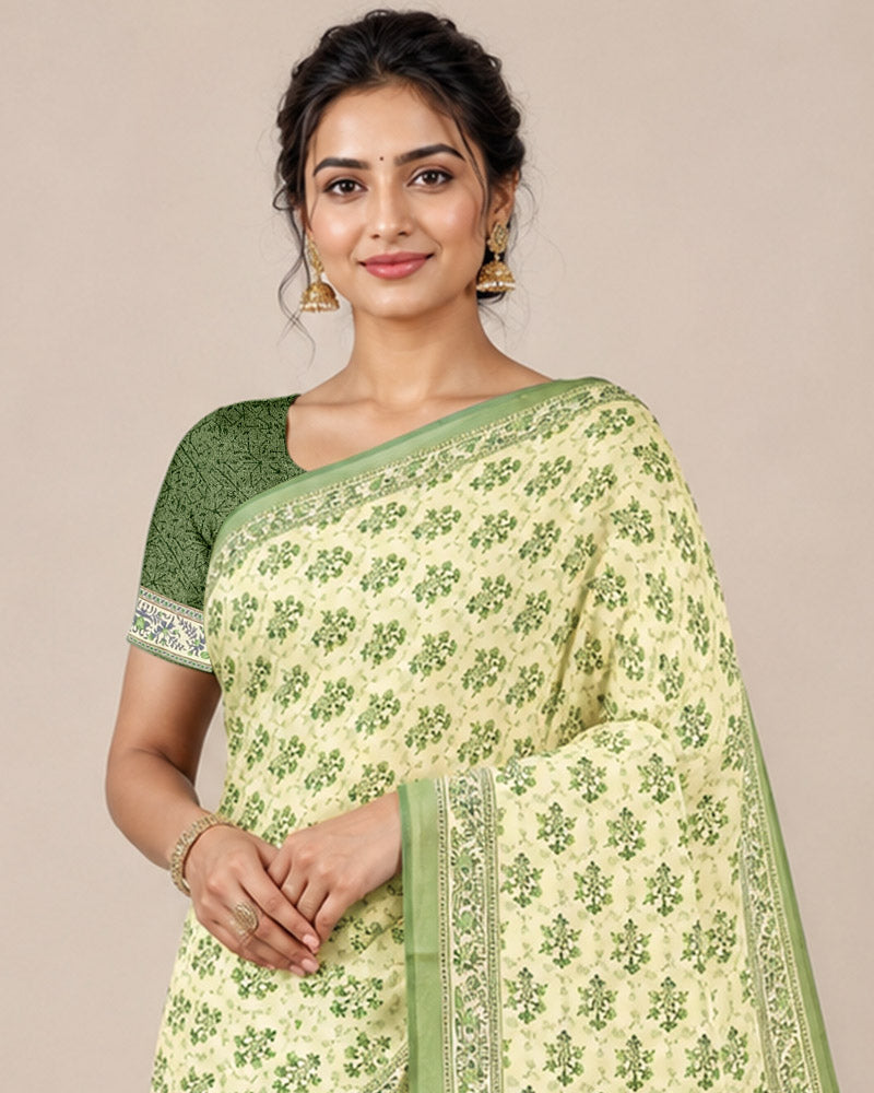 Vishal Prints Cream-Yellow And Khaki Green Digital Print Criva Moss Saree