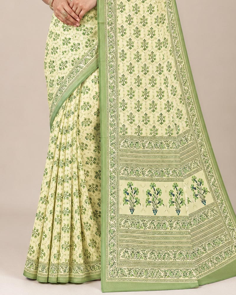 Vishal Prints Cream-Yellow And Khaki Green Digital Print Criva Moss Saree