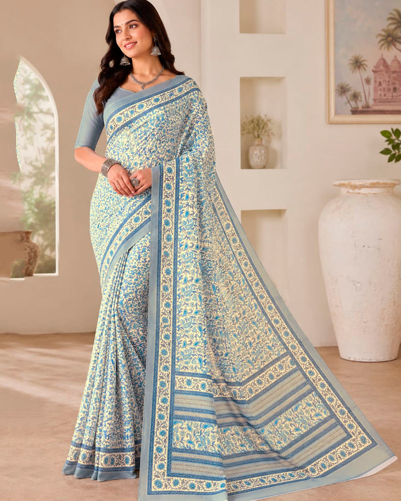 Vishal Prints Cream-Yellow And Cool Grey Digital Print Criva Moss Saree