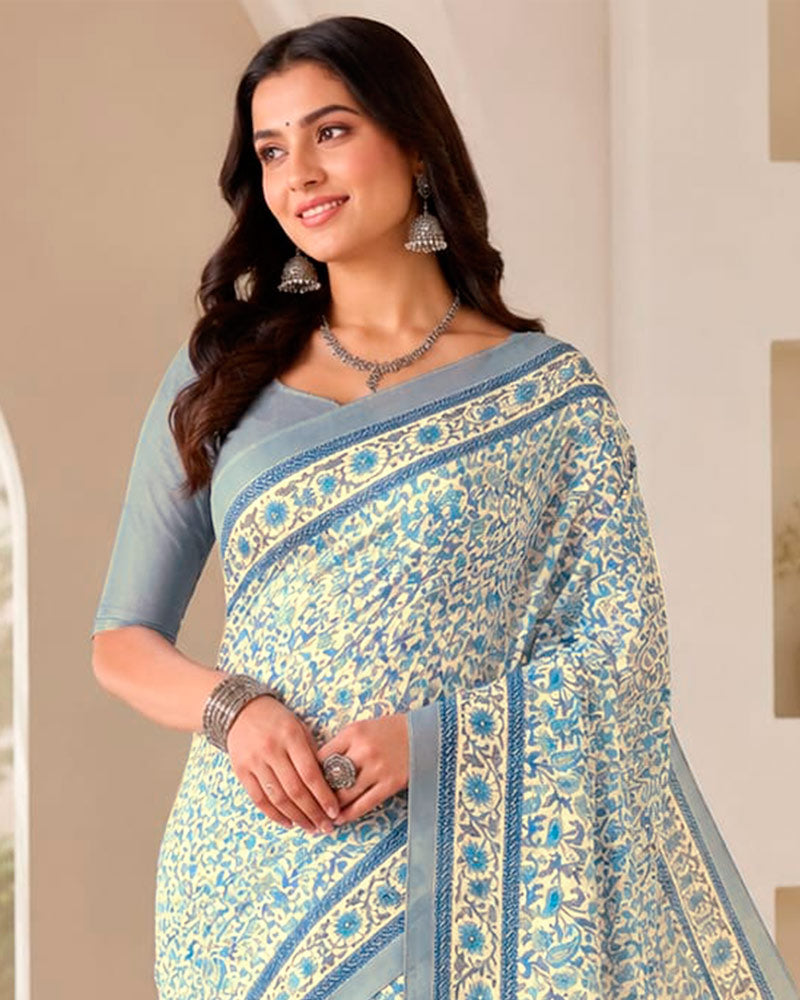 Vishal Prints Cream-Yellow And Cool Grey Digital Print Criva Moss Saree