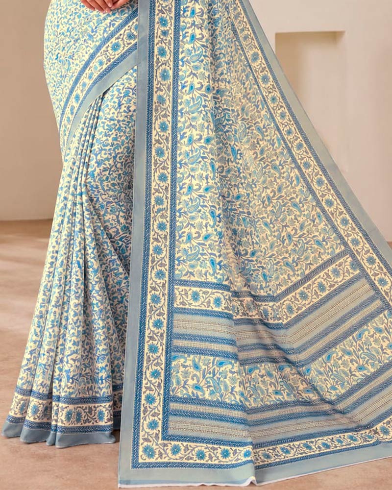 Vishal Prints Cream-Yellow And Cool Grey Digital Print Criva Moss Saree