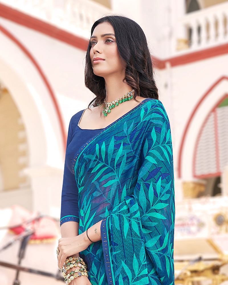 Vishal Prints Ink Blue Digital Print Brasso Saree With Fancy Border