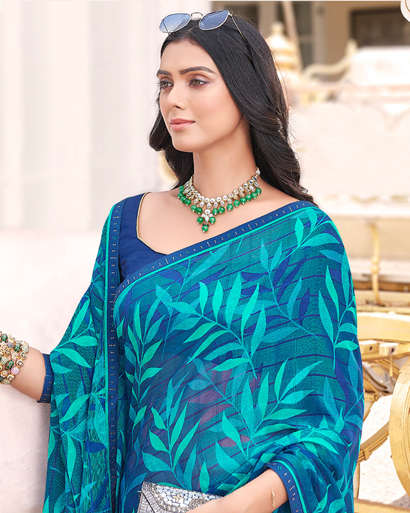 Vishal Prints Ink Blue Digital Print Brasso Saree With Fancy Border