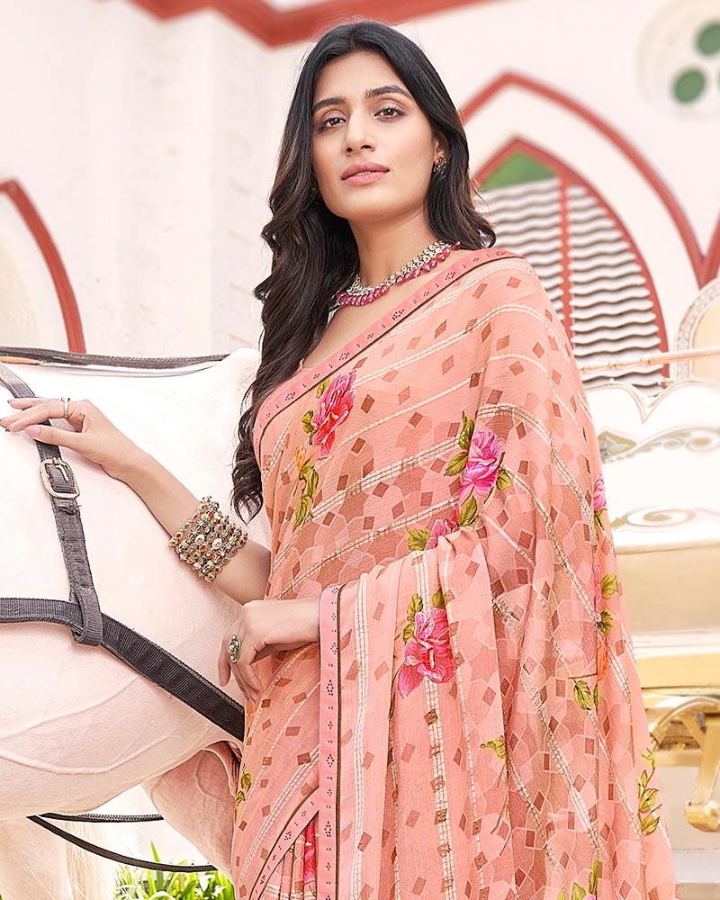 Vishal Prints Peach Digital Print Brasso Saree With Fancy Border