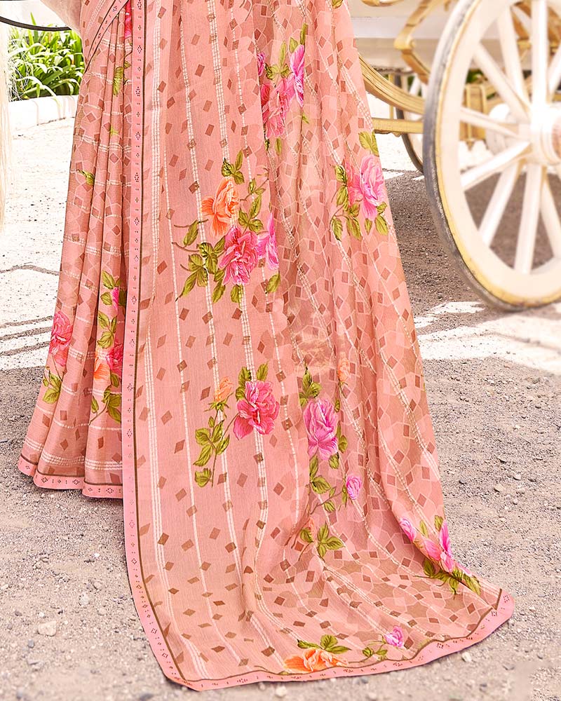 Vishal Prints Peach Digital Print Brasso Saree With Fancy Border