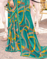 Vishal Prints Teal Green Digital Print Brasso Saree With Fancy Border