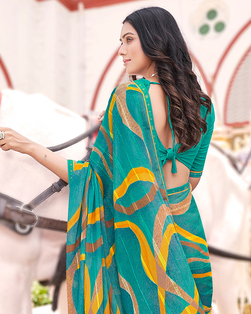 Vishal Prints Teal Green Digital Print Brasso Saree With Fancy Border