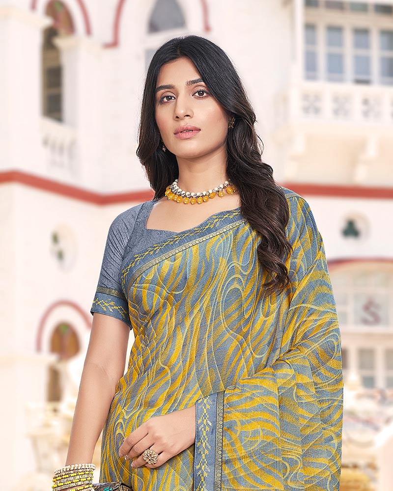 Vishal Prints Cool Grey Digital Print Brasso Saree With Fancy Border