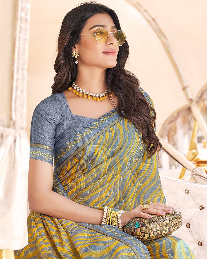 Vishal Prints Cool Grey Digital Print Brasso Saree With Fancy Border