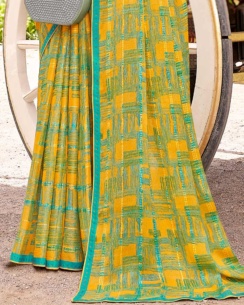 Vishal Prints Dark Yellow Digital Print Brasso Saree With Fancy Border