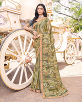 Vishal Prints Pastel Olive Digital Print Brasso Saree With Fancy Border
