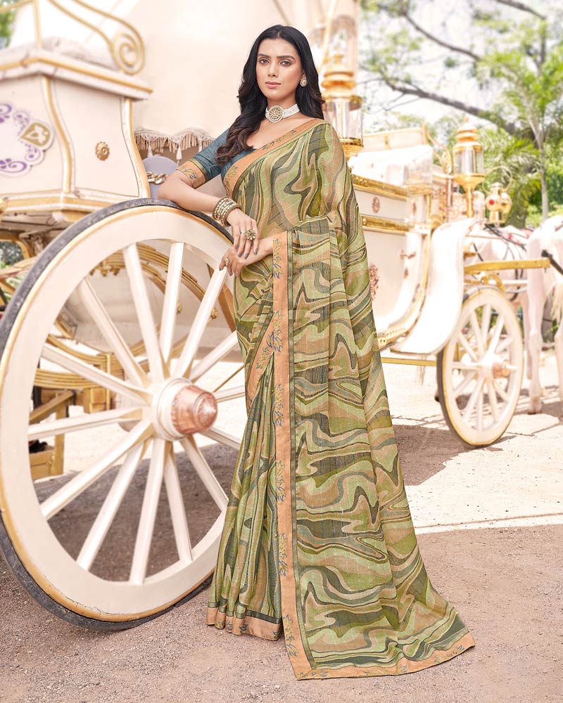Vishal Prints Pastel Olive Digital Print Brasso Saree With Fancy Border
