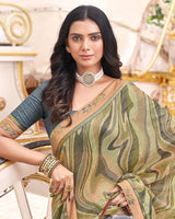 Vishal Prints Pastel Olive Digital Print Brasso Saree With Fancy Border