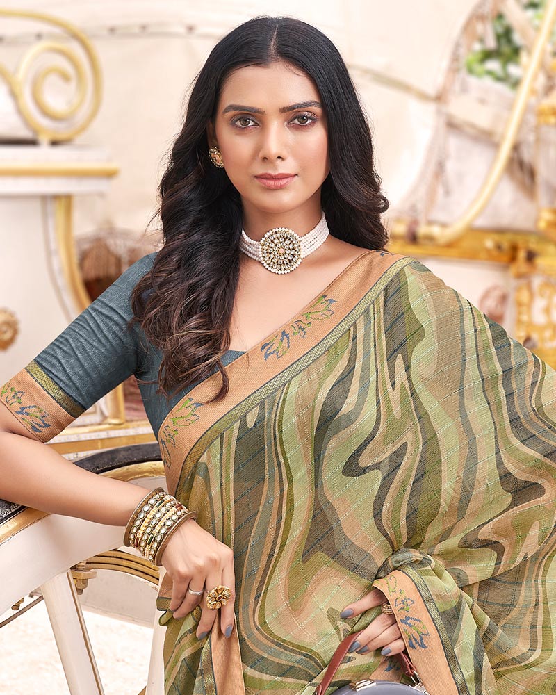 Vishal Prints Pastel Olive Digital Print Brasso Saree With Fancy Border