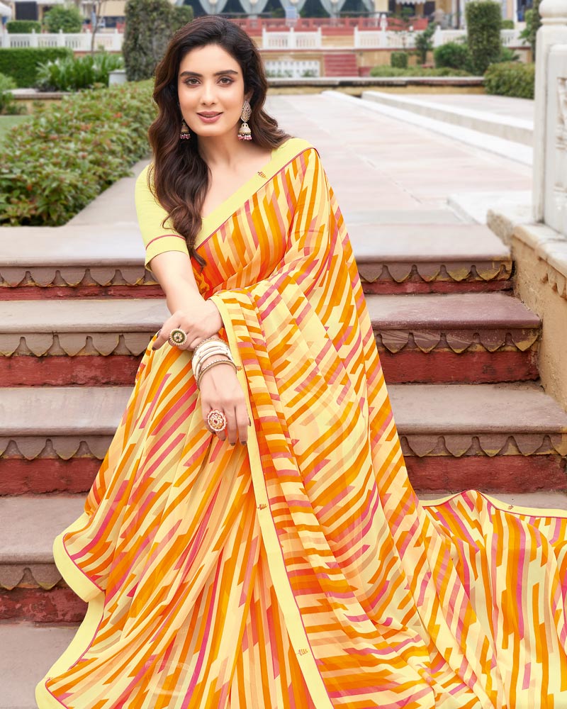 Vishal Prints Light Yellow Printed Georgette Saree With Border