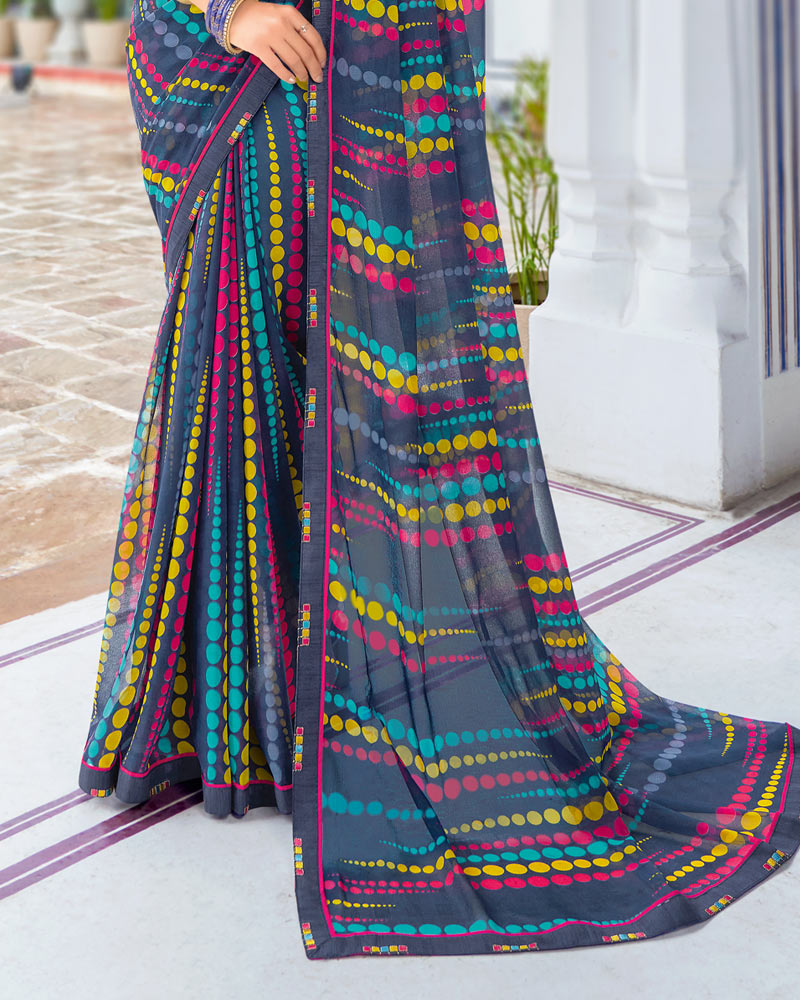 Vishal Prints Navy Blue Printed Georgette Saree With Border