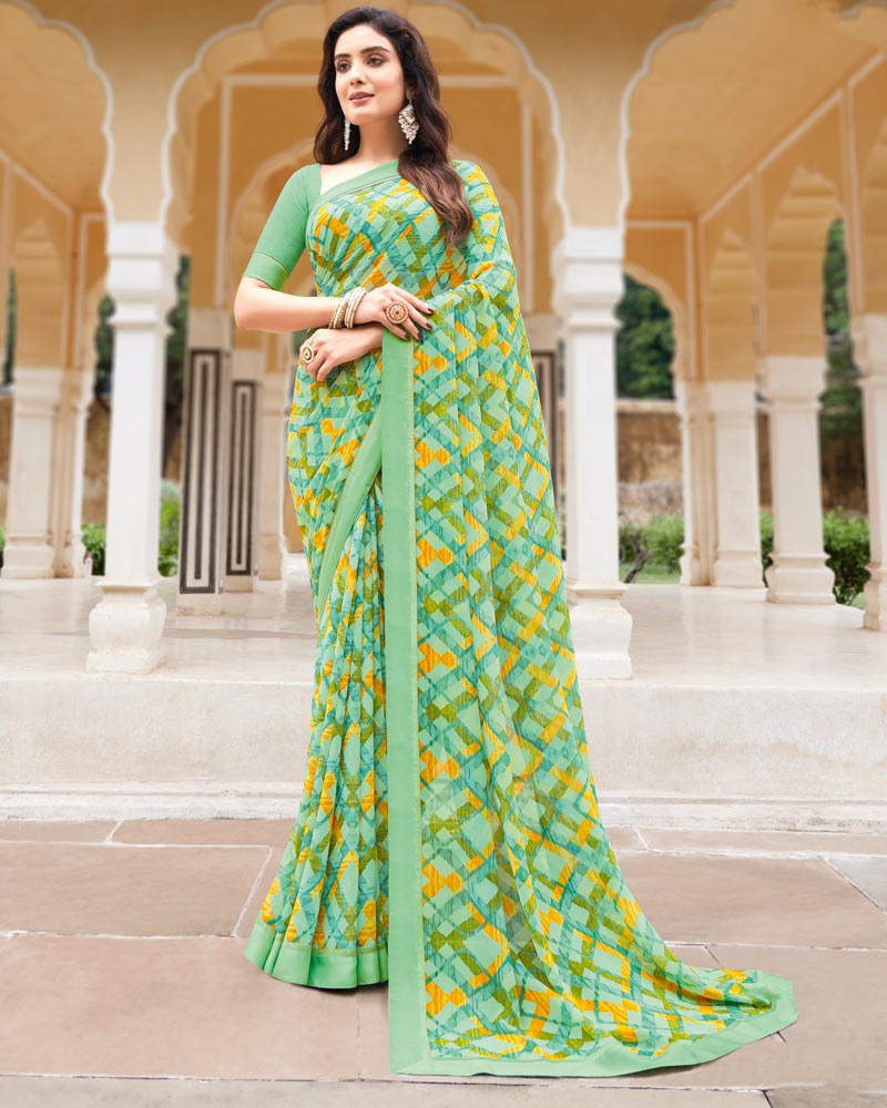 Vishal Prints Light Teal Green Printed Georgette Saree With Border