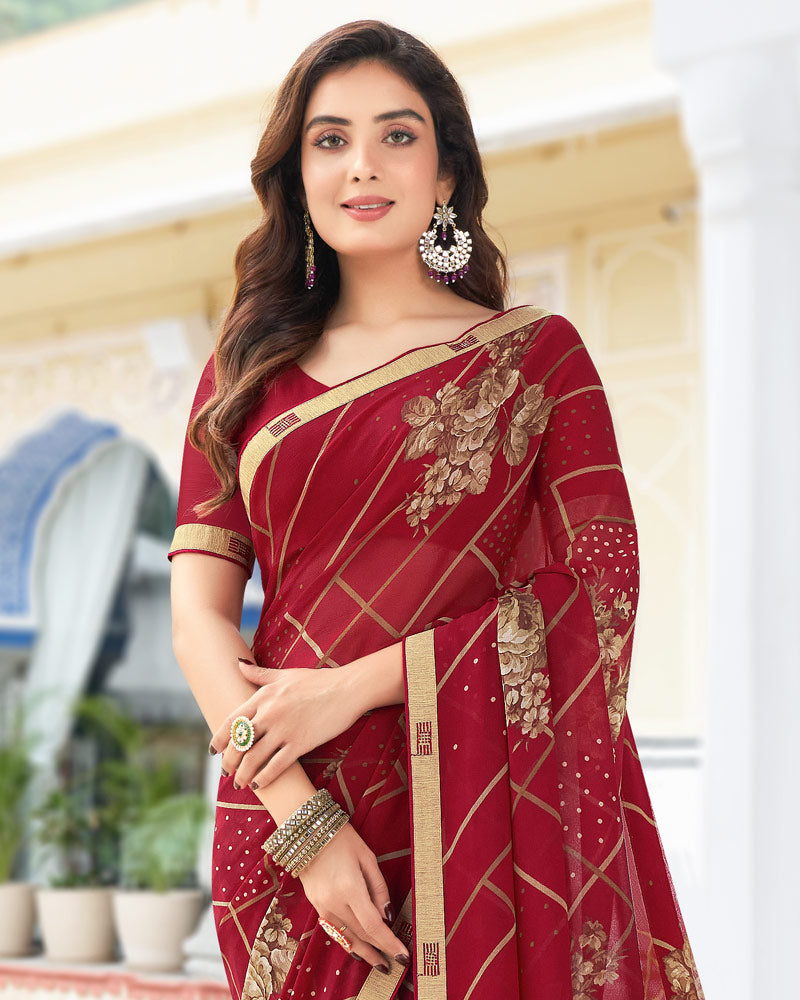 Vishal Prints Dark Red Printed Georgette Saree With Border