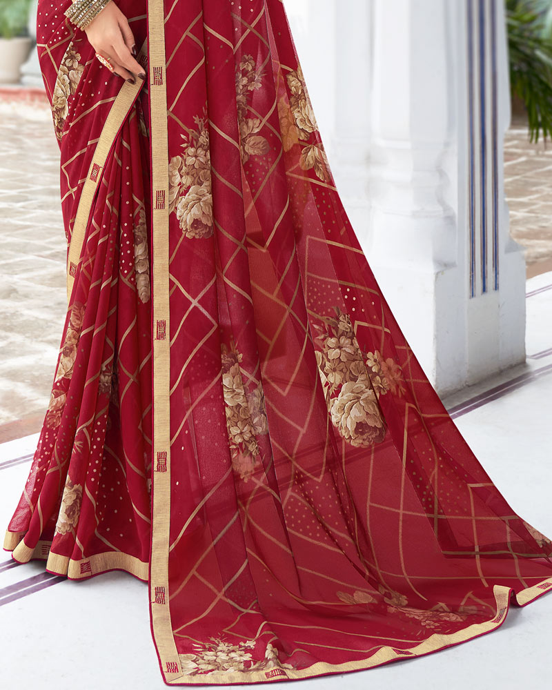 Vishal Prints Dark Red Printed Georgette Saree With Border