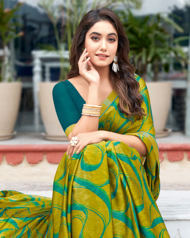 Vishal Prints Olive Green Printed Georgette Saree With Border