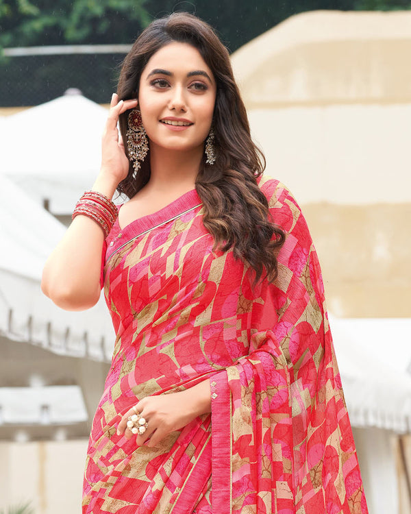 Vishal Prints Red Pink Printed Georgette Saree With Border