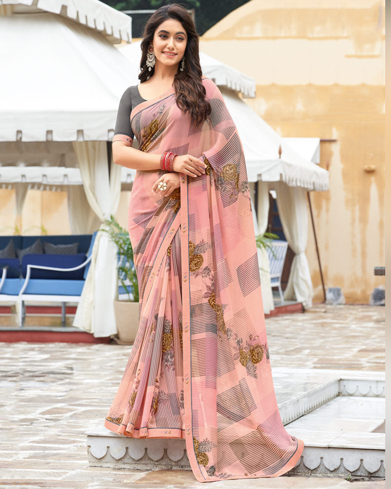 Vishal Prints Pastel Pink Printed Georgette Saree With Border