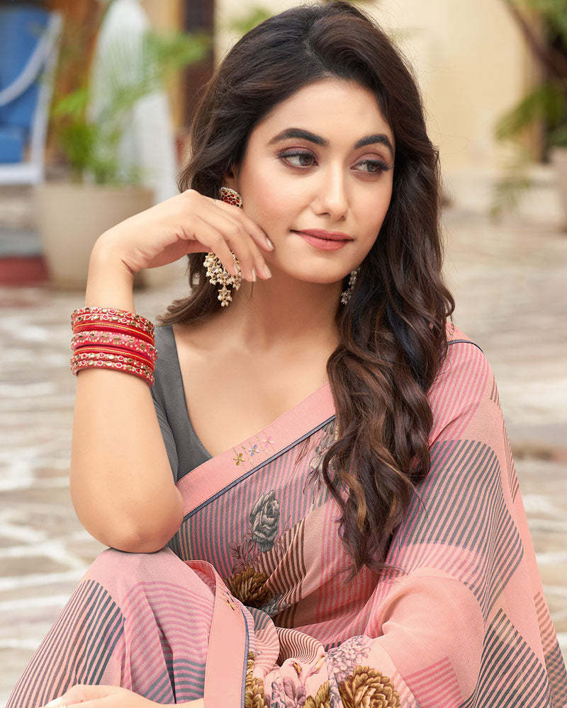 Vishal Prints Pastel Pink Printed Georgette Saree With Border