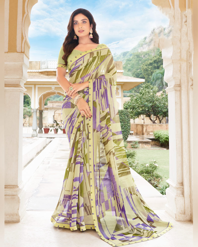 Vishal Prints Pastel Olive Printed Georgette Saree With Border