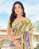 Vishal Prints Pastel Olive Printed Georgette Saree With Border